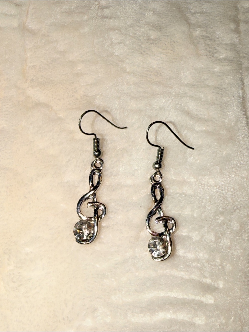 Silver Treble Clef Drop Earrings with Clear Crystal Accent